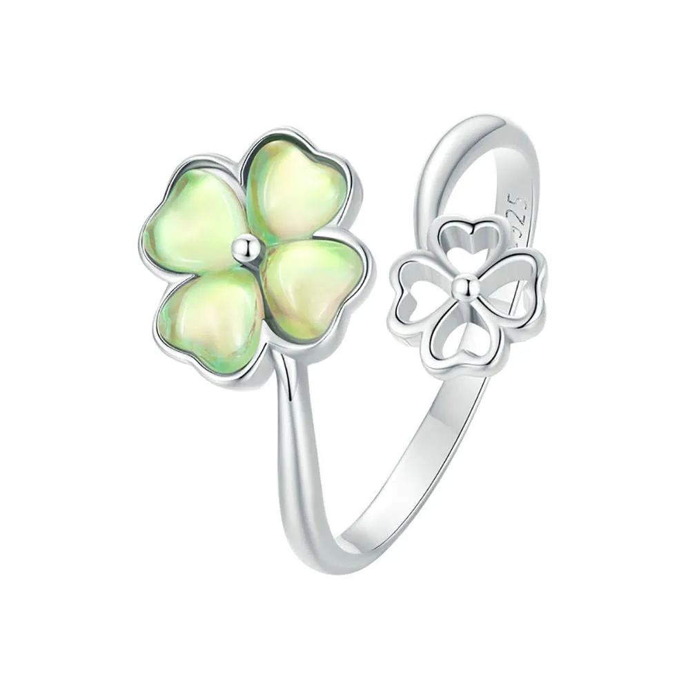 Four Leaf Clover Sterling Silver Ring with Green Crystal