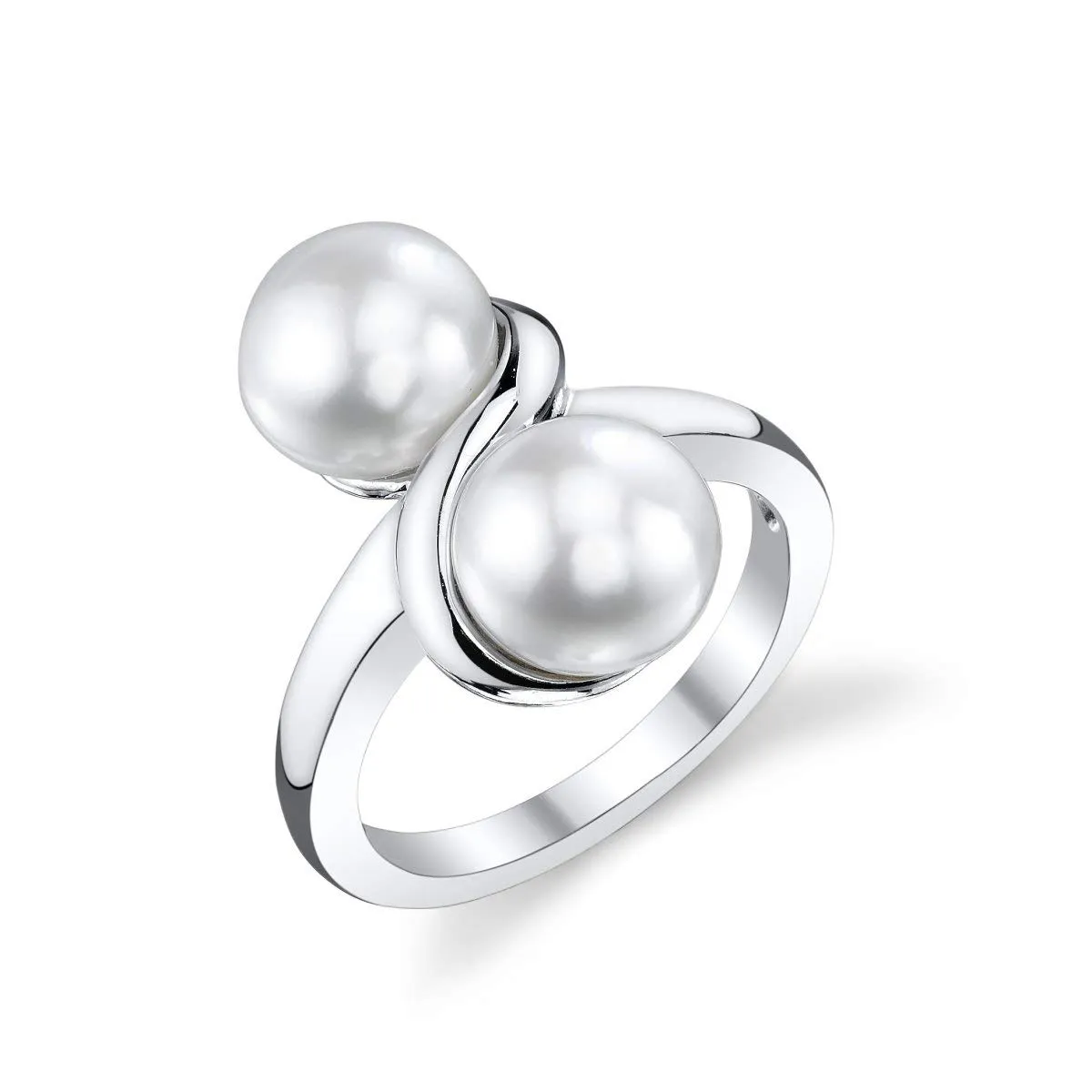 Genuine 7-8mm White Freshwater Cultured Pearl Double Ring for Women in Sterling Silver