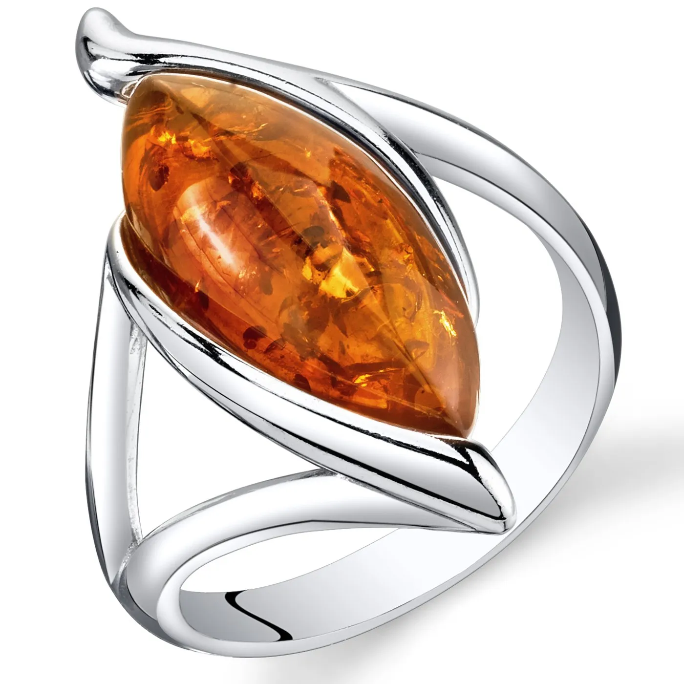 Genuine Baltic Amber Ring for Women in Sterling Silver, Marquise Cognac Color, Sizes 5-9