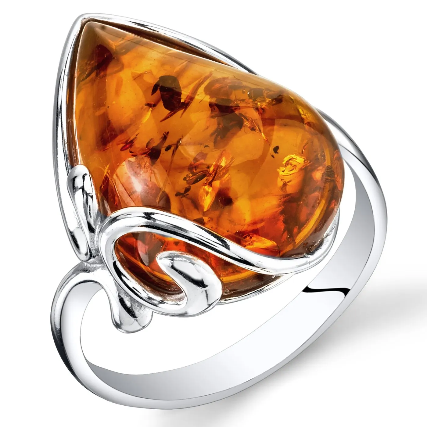 Genuine Baltic Amber Ring in Rich Cognac Color, Teardrop Design, 925 Sterling Silver, Sizes 5-9