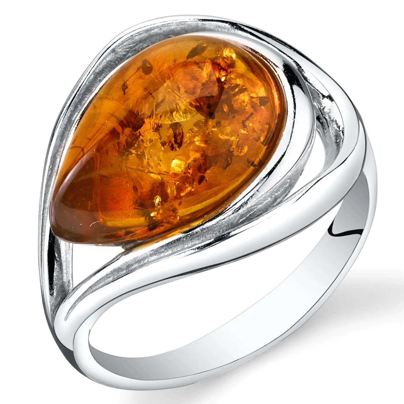 Genuine Baltic Amber Teardrop Ring in Sterling Silver, Cognac Color, Sizes 5-9, Open Halo Design