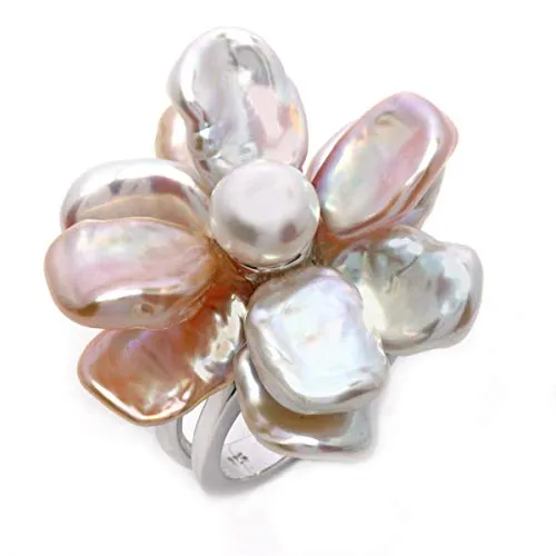 Genuine Multicolor Keshi Cultured Pearl Flower Ring for Women in Sterling Silver by The Pearl Source