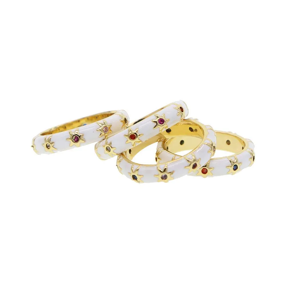 Gold Plated Rainbow Star White Enamel Stacking Engagement Band Ring for Women