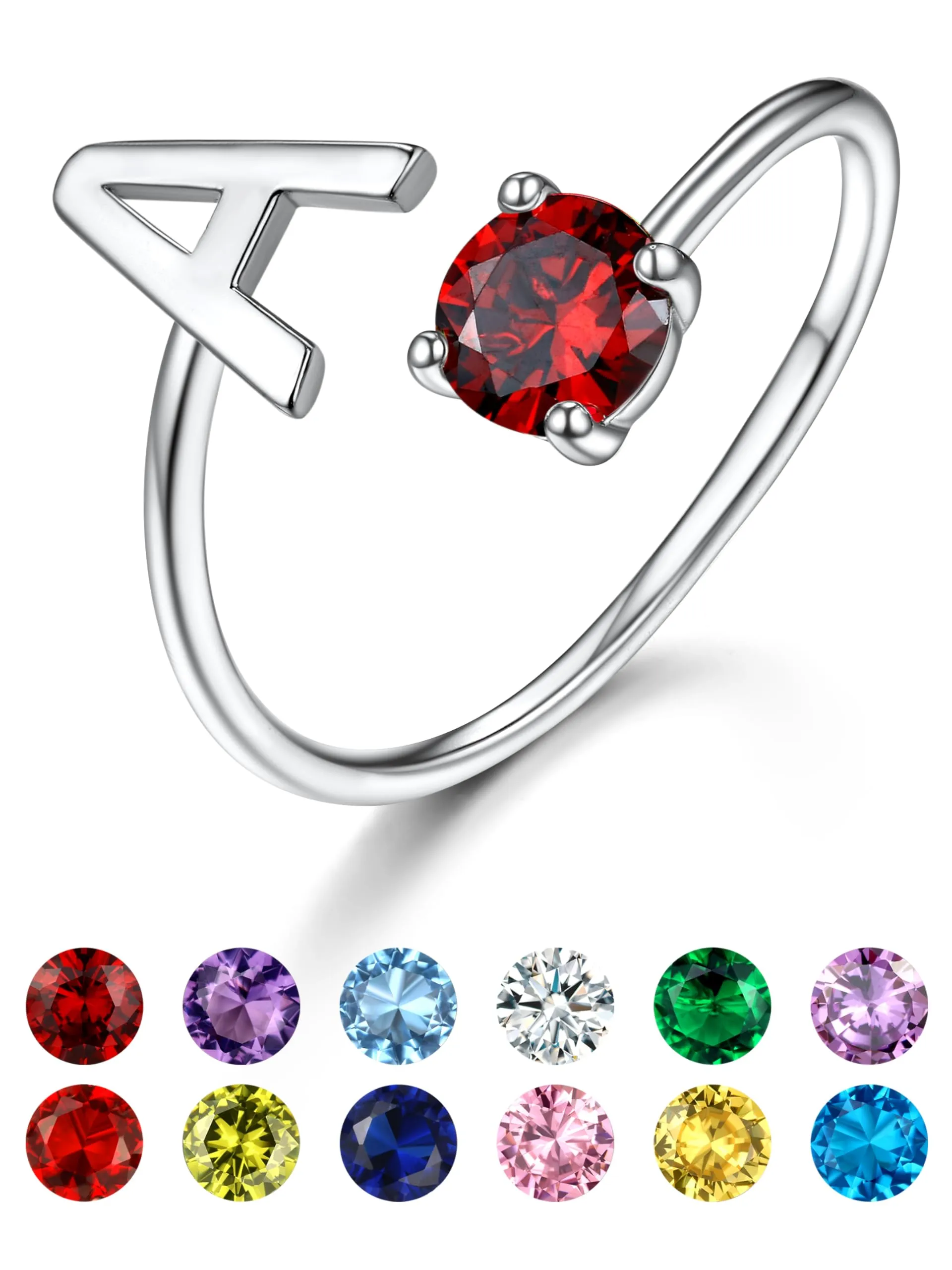 GoldChic Jewelry Women's Silver Initial Rings with Birthstone, Adjustable 925 Sterling Silver