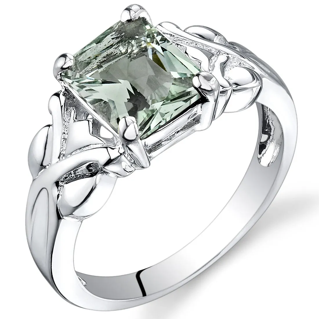 Green Amethyst Ring 925 Sterling Silver, Criss-Cross Solitaire, 2 Carats, Sizes 5-9, Gift Box