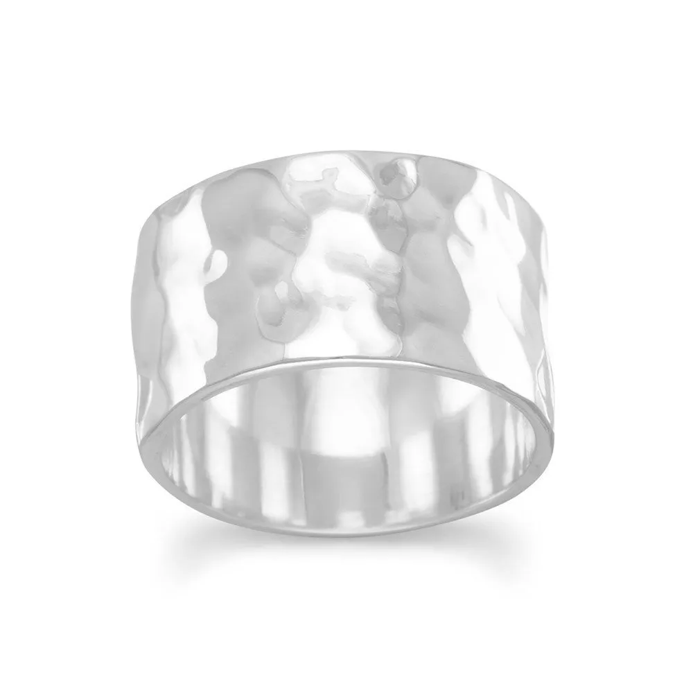 Hammered Sterling Silver Band Ring 11mm Wide for Men and Women, .925 Silver, Polished Finish