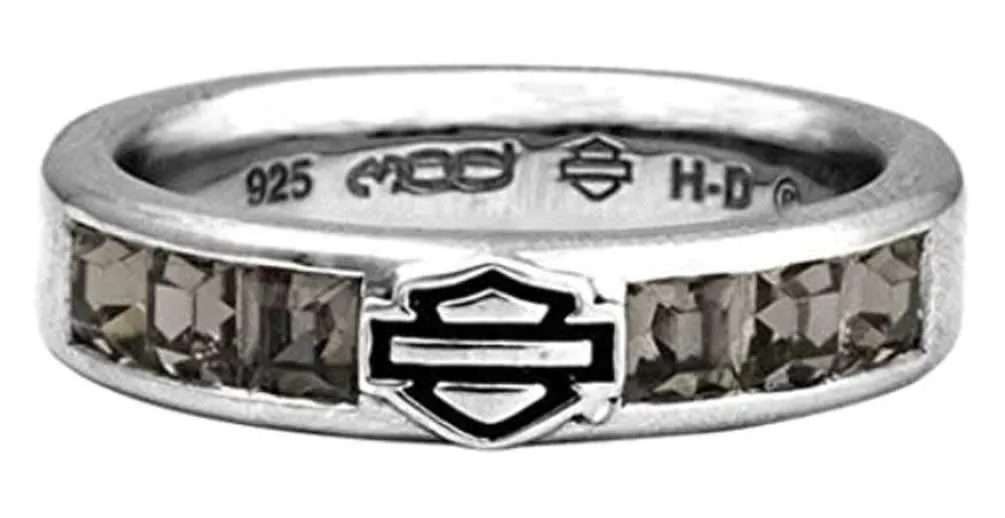 Harley-Davidson Women's Ring Size 5 with Black Ice Crystals & Bar Shield Logo in Sterling Silver