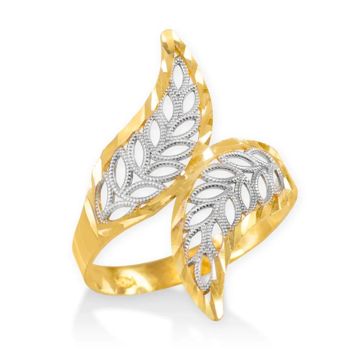 High Polish 14k Two-Tone Gold Double Leaf Filigree Cocktail Ring - Handmade Statement Jewelry