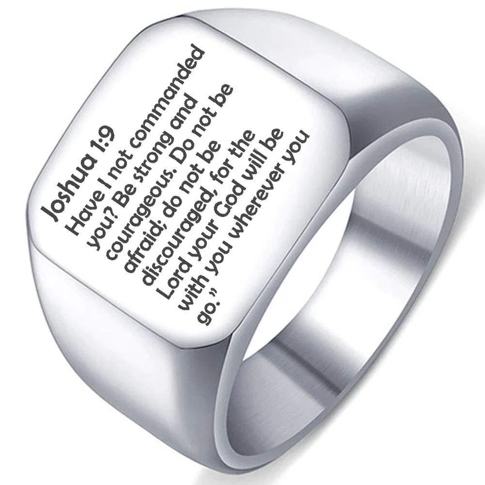 Joshua 1:9 Stainless Steel Christian Wedding Ring Band, 14MM, Hypoallergenic, Custom Engraved