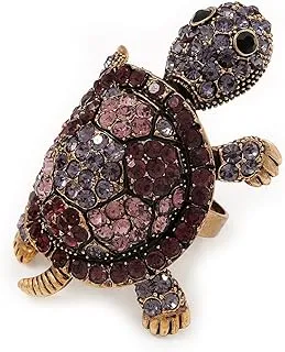 Large Purple Crystal Turtle Ring in Burn Gold Metal - Adjustable Stylish Statement Jewelry