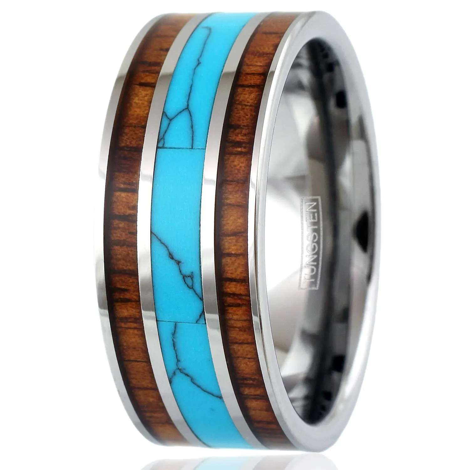 Magnificent X-Wide 10mm Silver Tungsten Carbide Ring with Blue Turquoise & Koa Wood Inlays