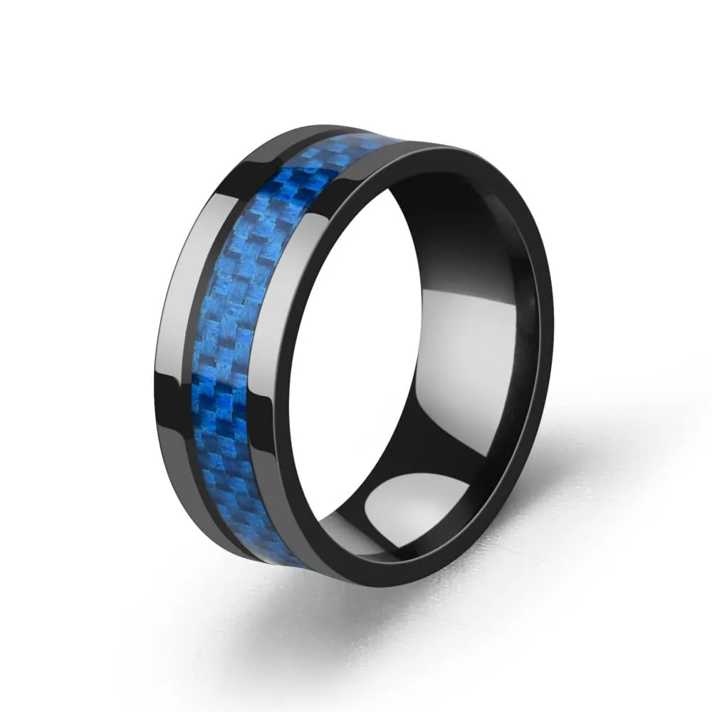 Men's Women's Stainless Steel Black/Blue Carbon Fiber Inlay 8mm Engagement Promise Wedding Ring