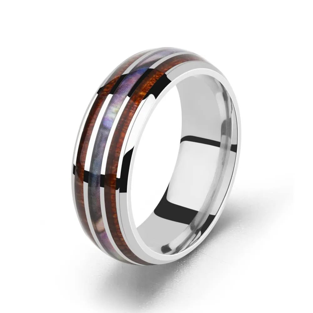 Men's Women's Stainless Steel Wood Inlay Domed Polished Silver/Black Band Engagement Promise Ring