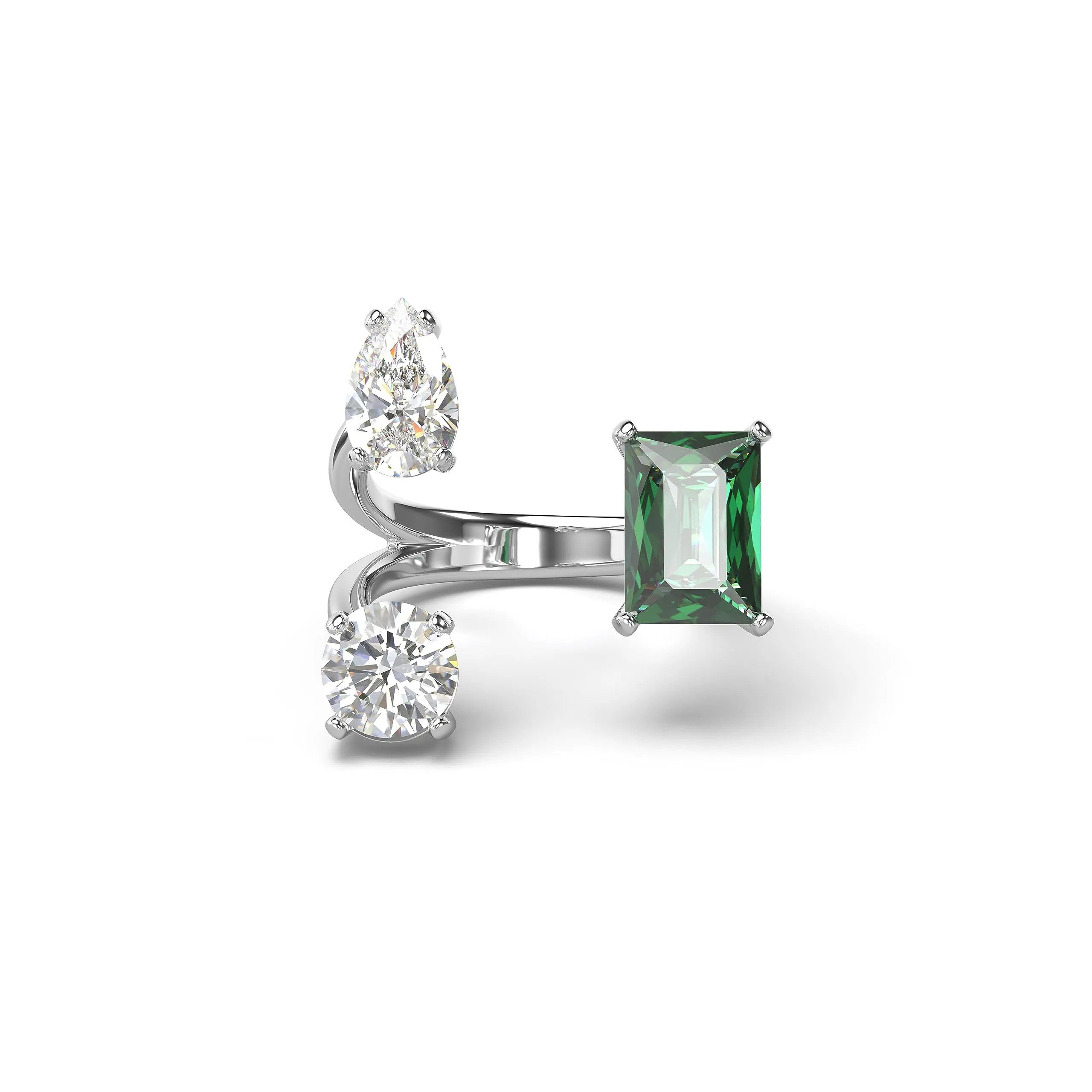 Mesmera Open Ring with Green and Clear Mixed-Cut Stones in Silver-Tone Finish, Size 6