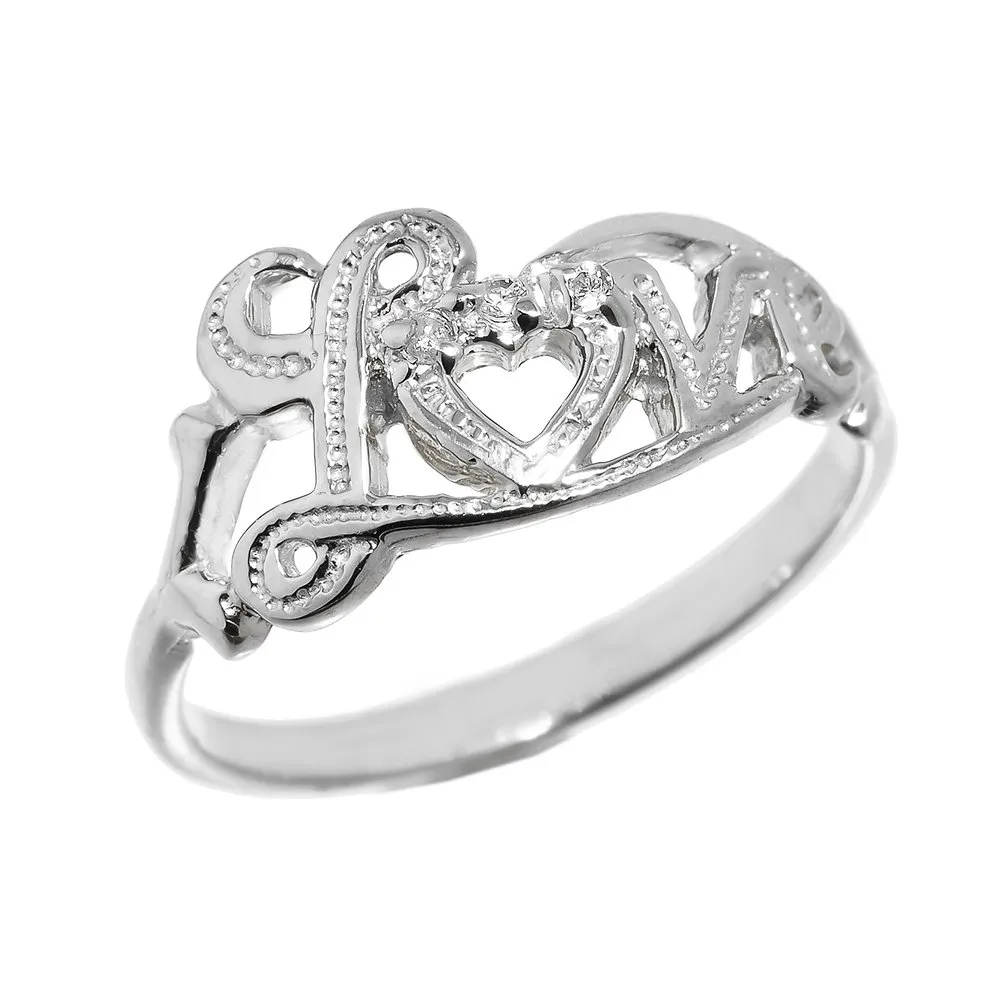 Modern Contemporary 925 Sterling Silver Love Script Ring with Diamonds - Size 8 - Handcrafted Jewelry