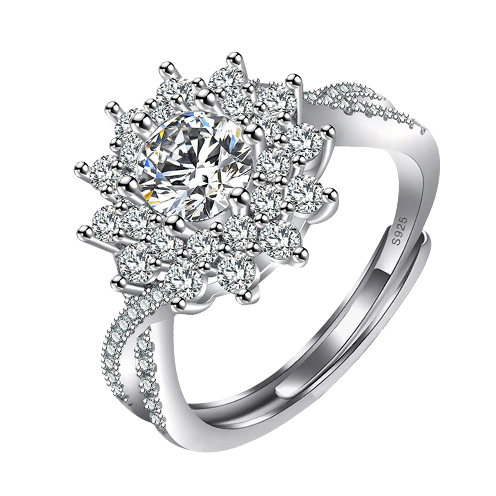 Moissanite Shape Engagement Ring - Adjustable Opening, 925 Sterling Silver, CZ, Wedding Band