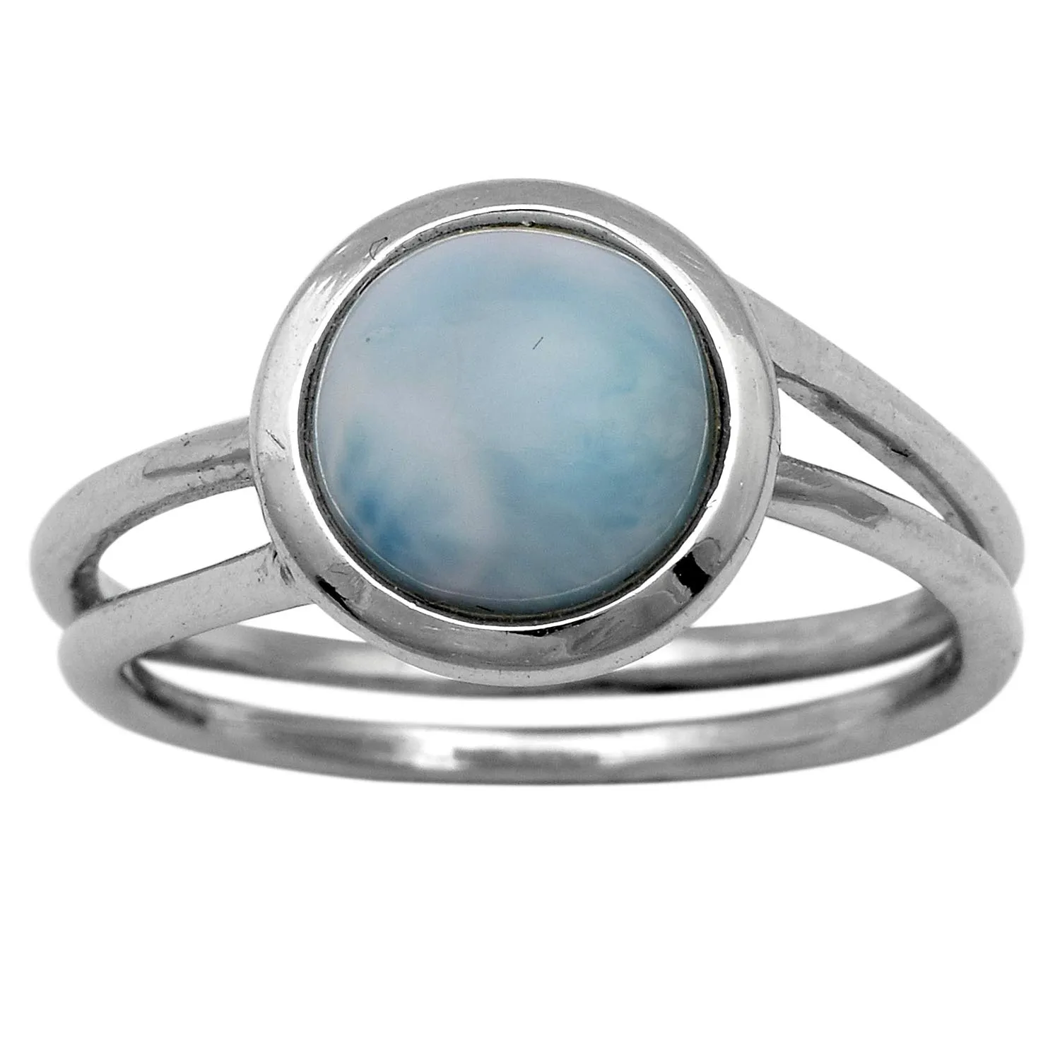 Natural 8mm Round Larimar Gemstone Split Band Ring in White Rhodium Sterling Silver