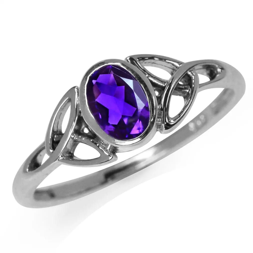 Natural African Amethyst Triquetra Celtic Knot Ring in White Gold Plated 925 Sterling Silver - Size 7