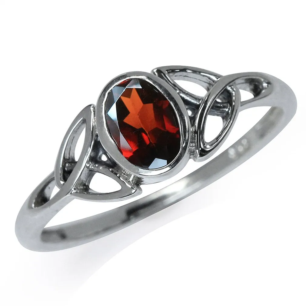 Natural Garnet White Gold Plated 925 Sterling Silver Celtic Knot Ring Size 6 for Timeless Elegance