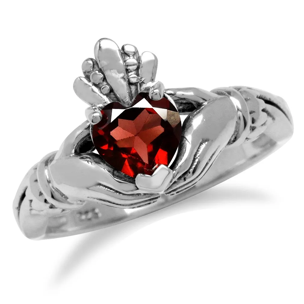 Natural Heart Shape Garnet Irish Celtic Claddagh Ring Size 9 in 925 Sterling Silver