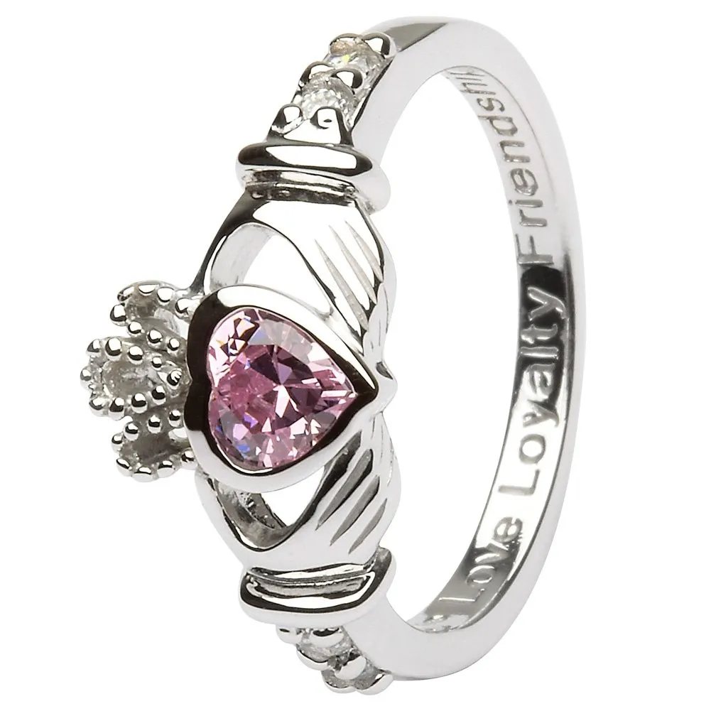 October Birth Month Silver Claddagh Ring - Size 8.5 - Crafted in Ireland with Colored CZ Stone