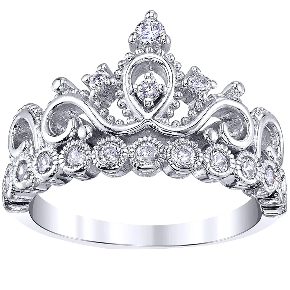 Original 925 Sterling Silver Princess Crown Ring by Guliette Verona - 14mm Width, 17 Cubic Zirconia