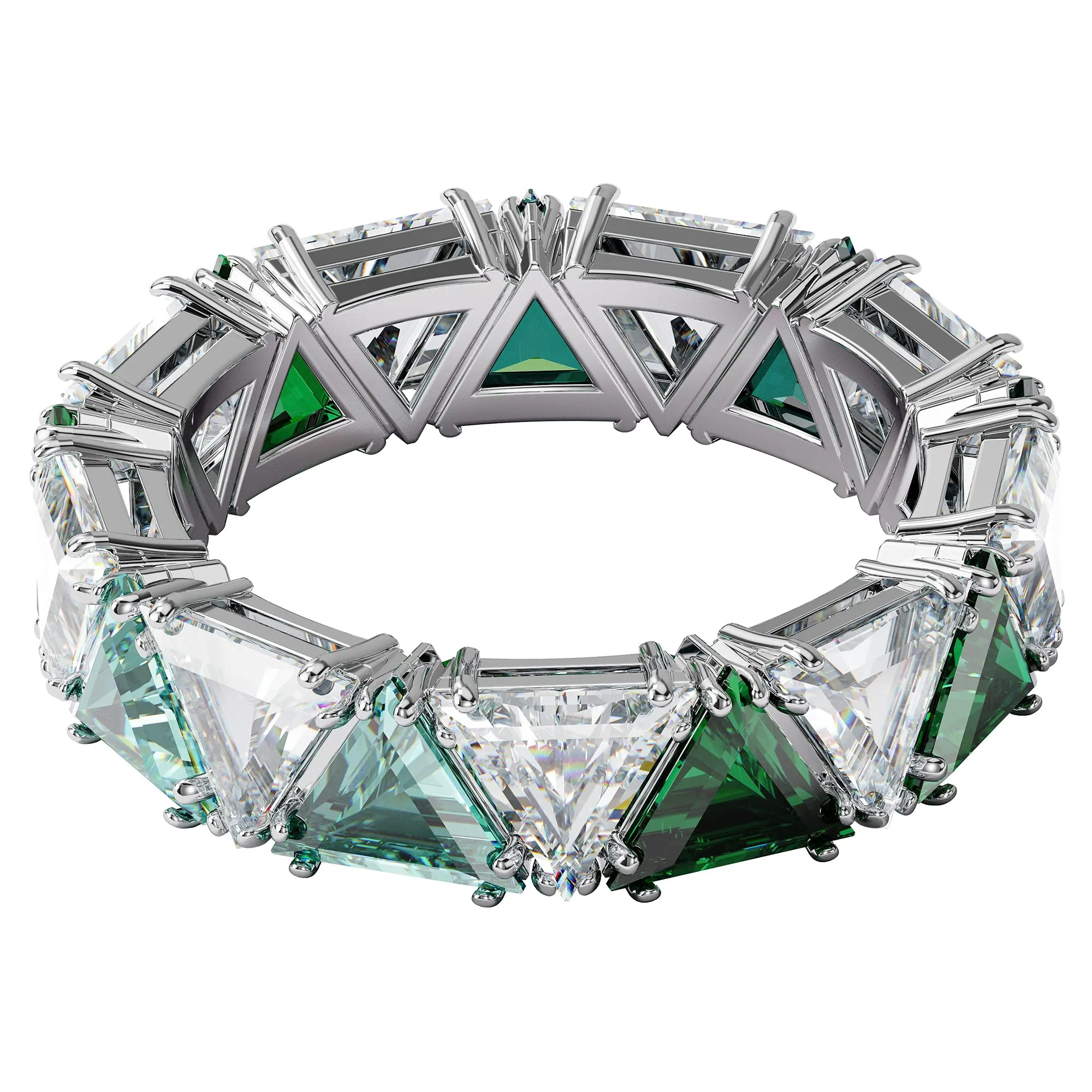 Ortyx Ring Jewelry Collection - Rhodium Finish with Green & Clear Crystals - Size US 5/EU 50