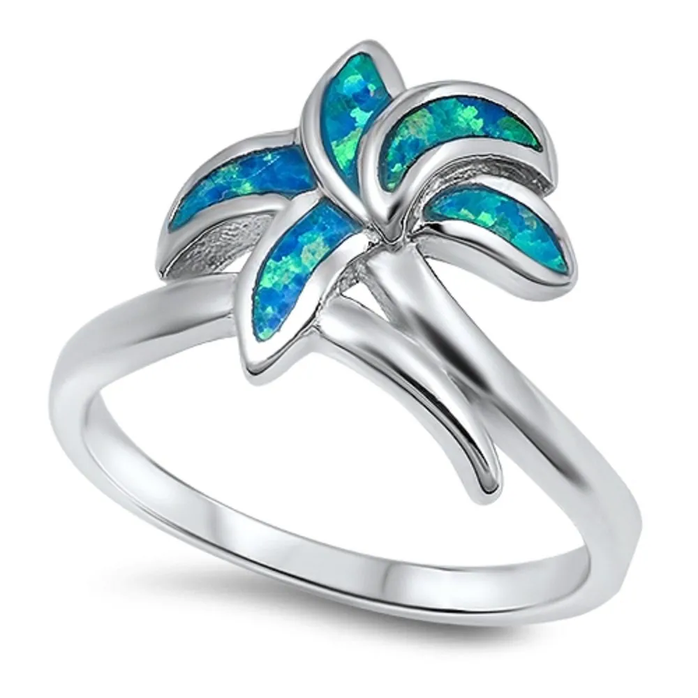 Palm Tree Blue Simulated Opal Ring in 925 Sterling Silver - Size 9, Comes in Gift Box or Bag