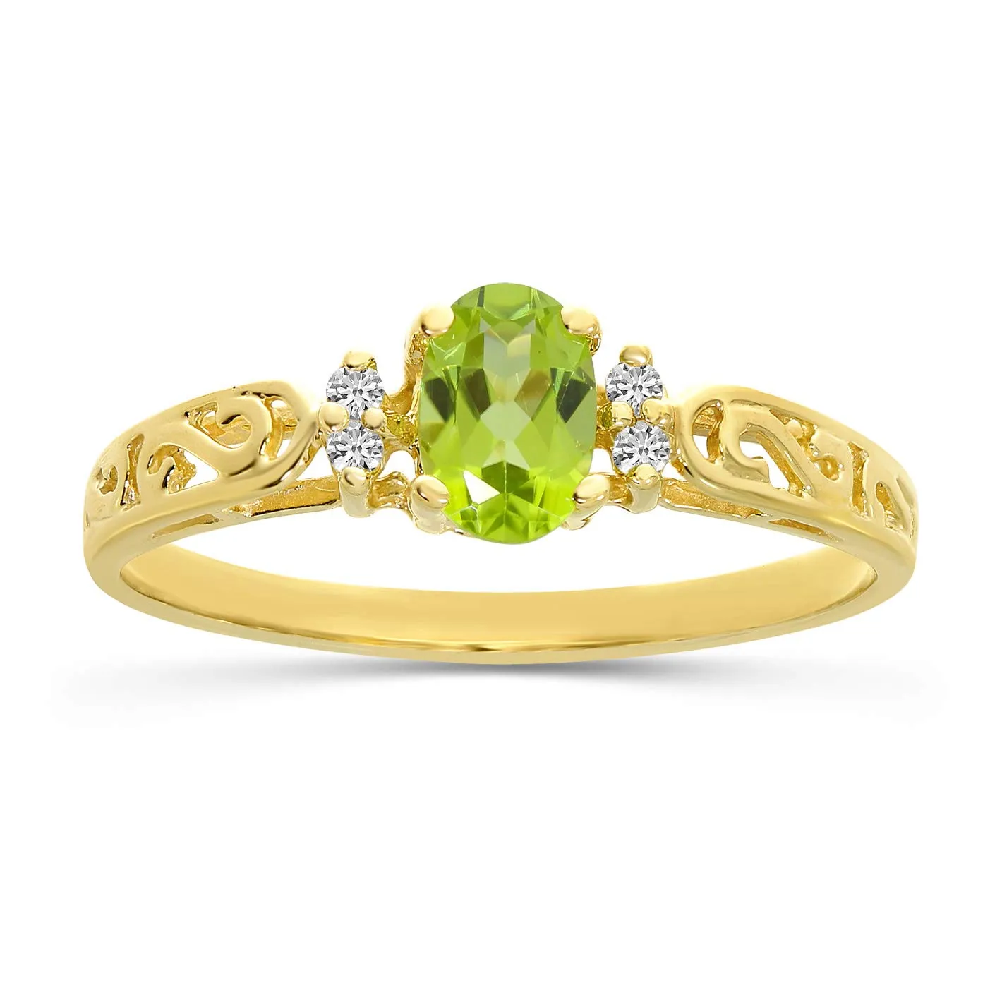 Peridot and Diamond Filagree Ring in 14K Yellow Gold - 6x4 mm Genuine Peridot, 0.40 ct