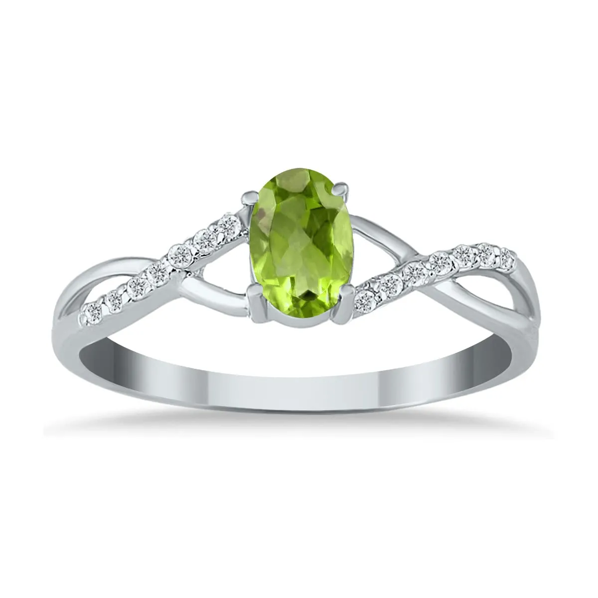 Peridot and Diamond Twist Ring in 10K White Gold with 14 Accent Diamonds