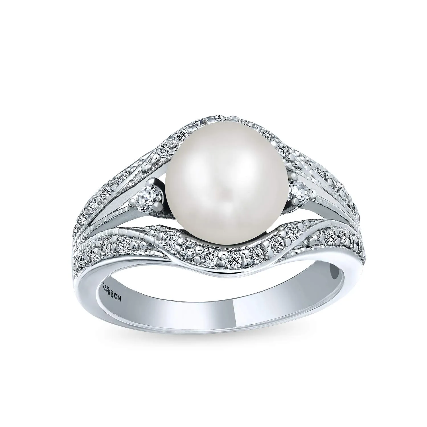 Personalize Bridal Party CZ Halo Side Stones Freshwater Cultured Pearl Engagement Ring