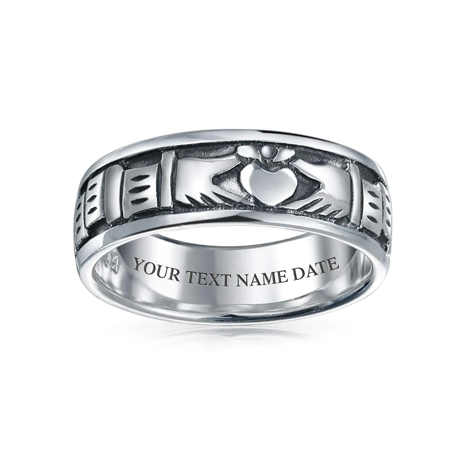 Personalized BFF Unisex Celtic Irish Friendship Claddagh Wedding Band Ring in Sterling Silver