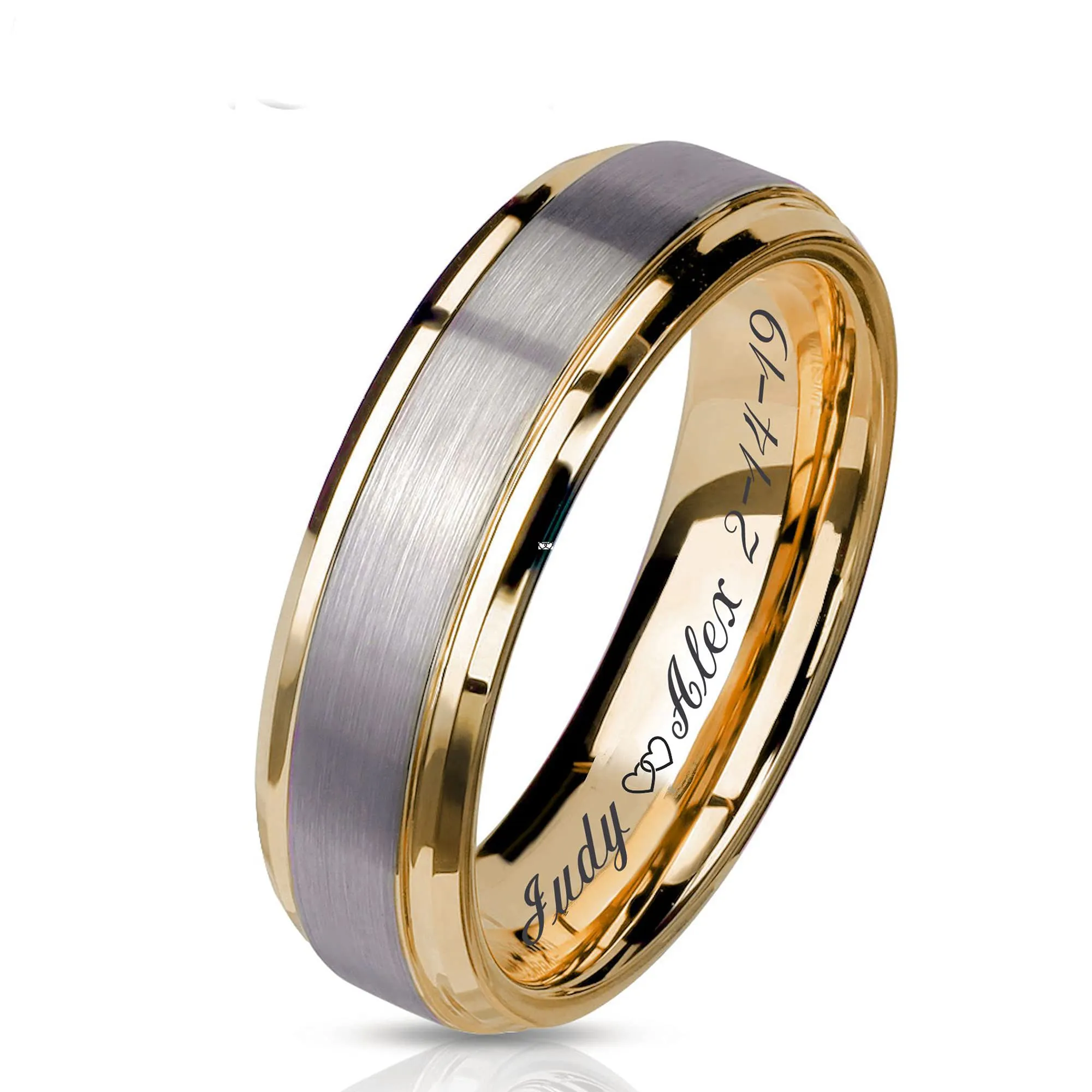 Personalized Brushed Silver & Gold Stainless Steel Wedding Band Ring with Custom Engraving, 7mm