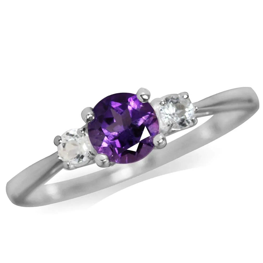 Petite Natural African Amethyst & White Topaz 925 Sterling Silver Ring - Size 9 - Birthstone Gift