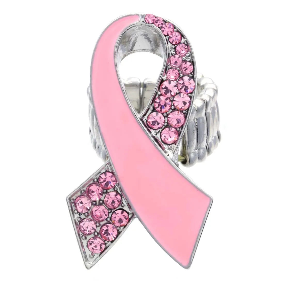 Pink Ribbon Breast Cancer Awareness Charm Ring - Adjustable Band, Rhinestones, 1.75'x1'