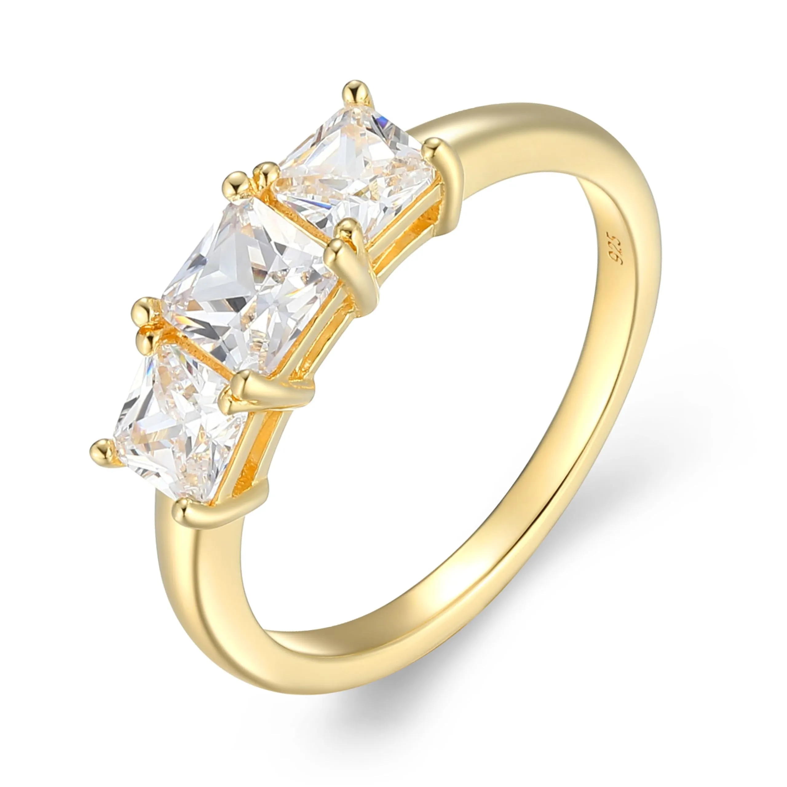 Platinum or Yellow Gold Plated 925 Sterling Silver 3-Stone Princess-Cut Cubic Zirconia Ring Size 6