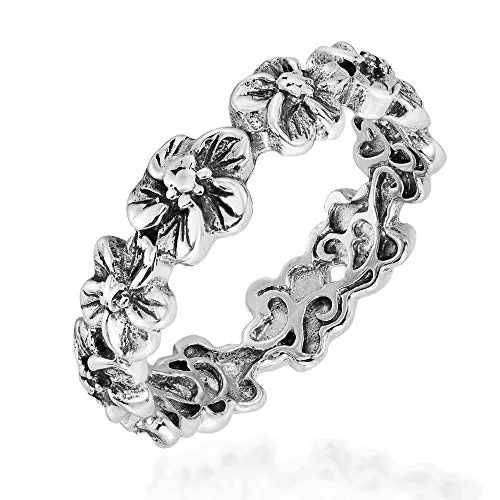 Plumeria Flowers Eternity Band .925 Sterling Silver Ring - Dainty Hawaiian Jewelry Size 6-9