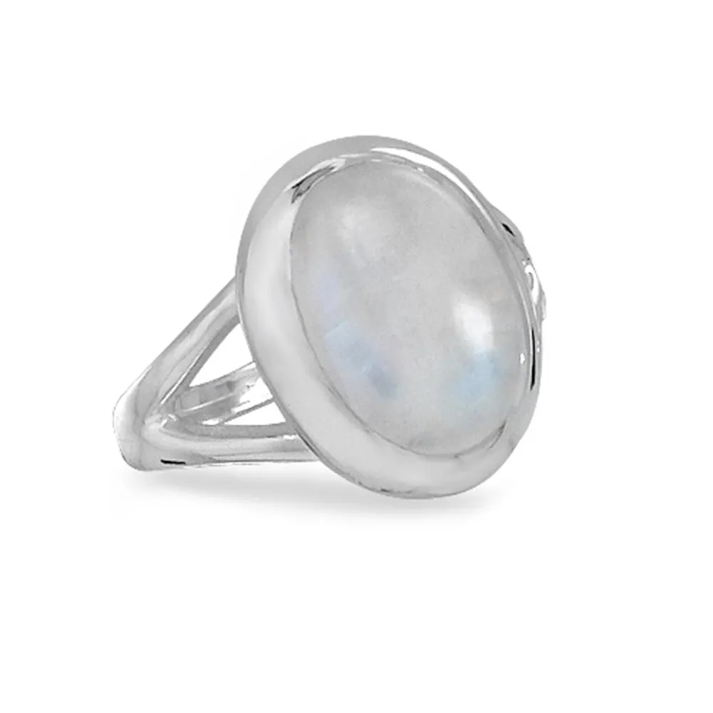 Rainbow Moonstone Oval Sterling Silver Ring - Polished Finish, Sizes 6-11, Jewelry Gift Box Included