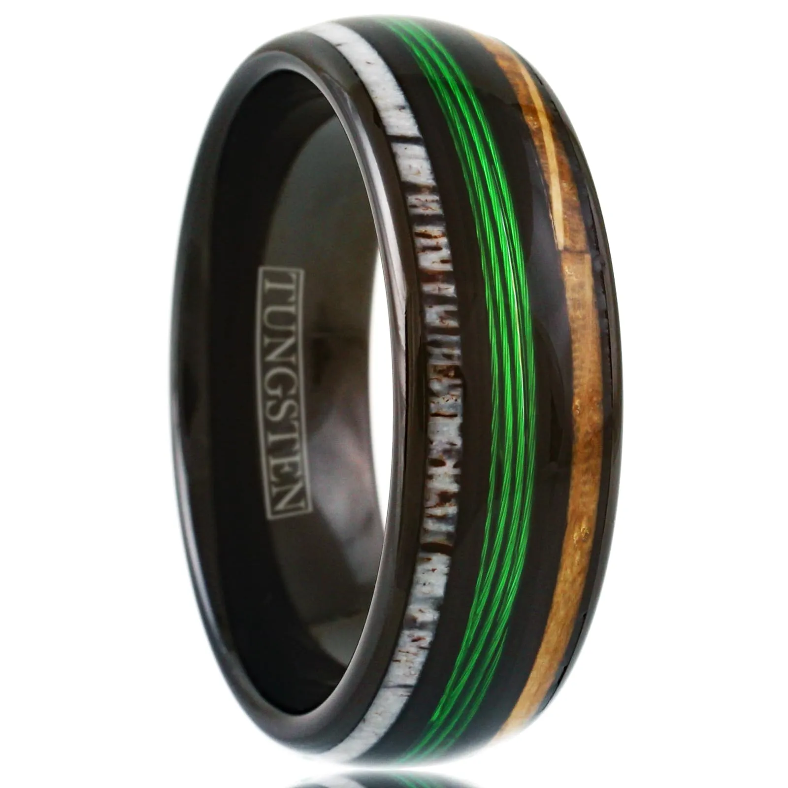 Ravishing 8mm Polished Black Tungsten Carbide Ring with Green Fishing Line & Wood Inlays