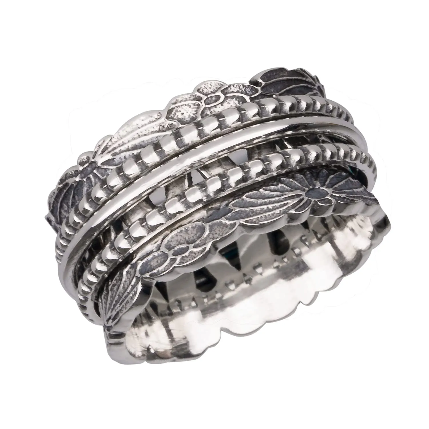 Rococo Spinner Ring - Sterling Silver Meditation Ring with Chrysanthemum Design, 11.5mm Wide