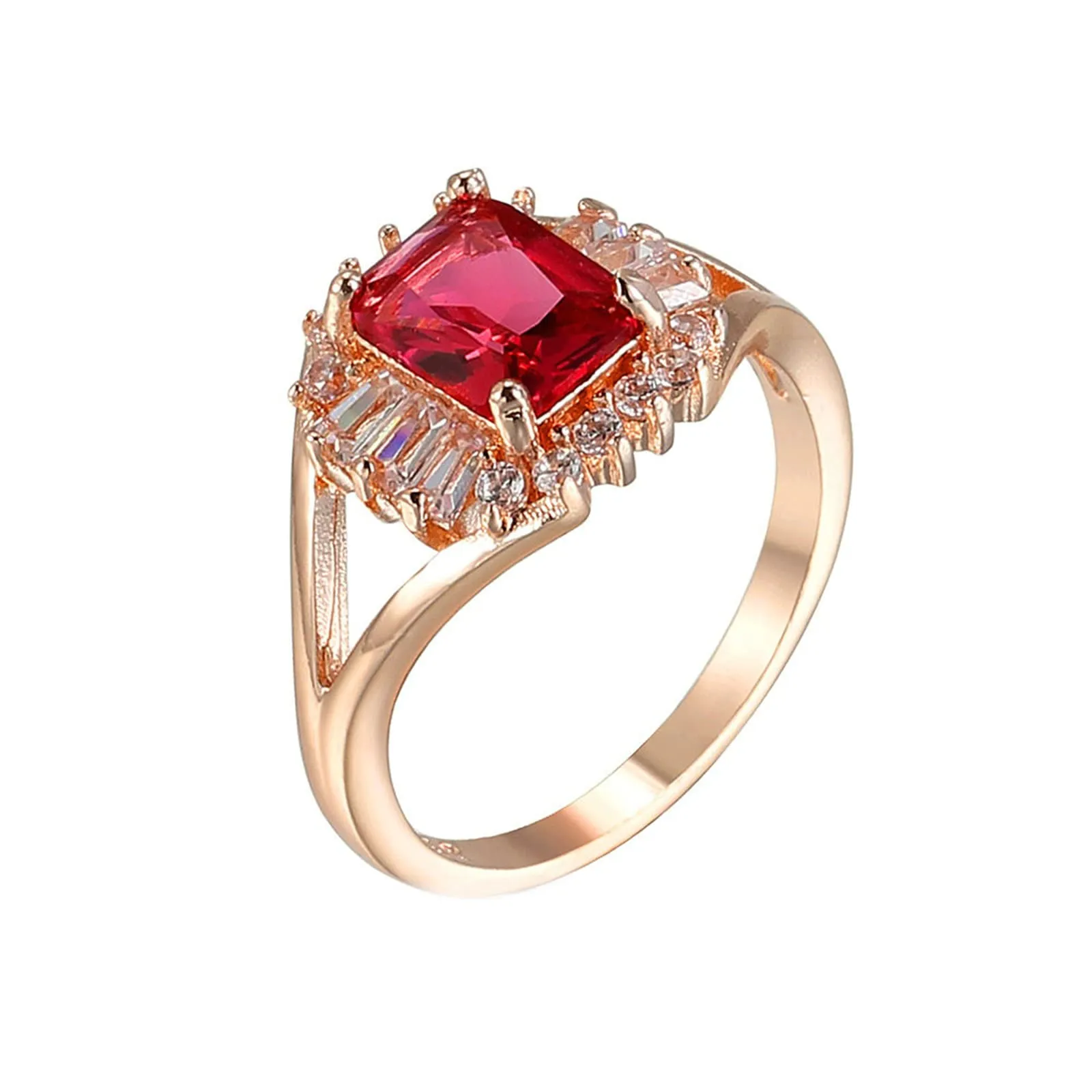 Rose Gold Plated Women's Engagement Ring with Red Rectangle Cubic Zirconia Halo Band