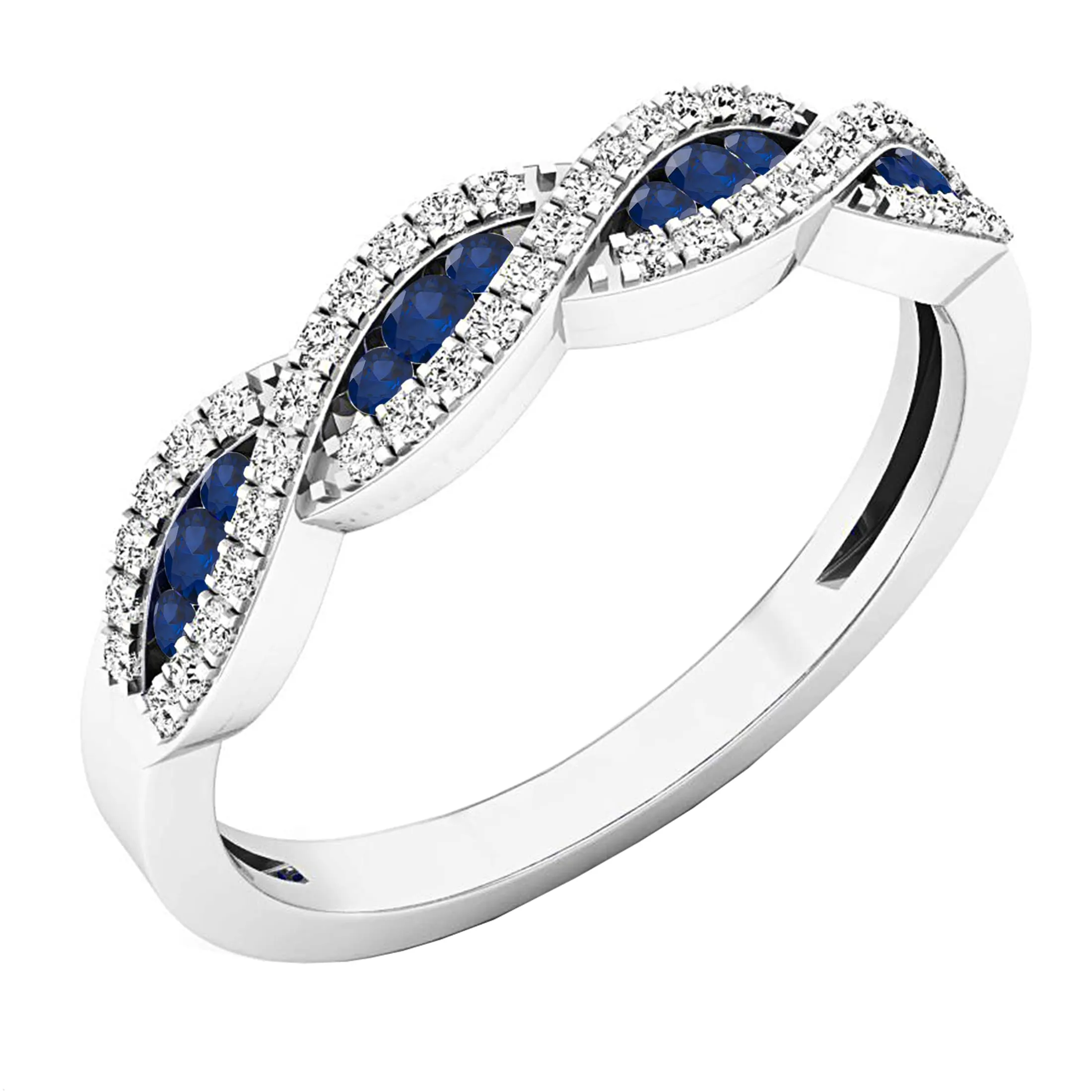 Round Blue Sapphire & White Diamond Crisscross Stackable Wedding Band in 925 Sterling Silver