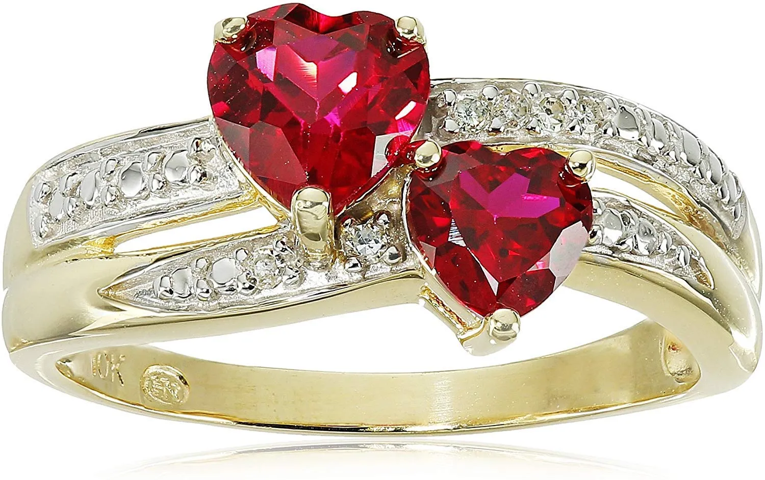 Ruby Heart Ring - 10K Yellow Gold with Diamond Accents, Size 7, Double Band Romantic Gift