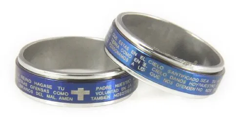 S31 Blue Stainless Steel Spinner Ring with Spanish Lord's Prayer - Comfort Fit & Gift Box Included