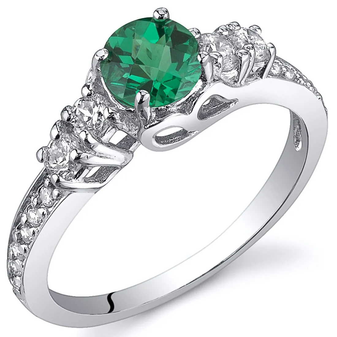 Simulated Emerald Solstice Ring 5mm Round, 925 Sterling Silver, Sizes 5-9, Rhodium Finish