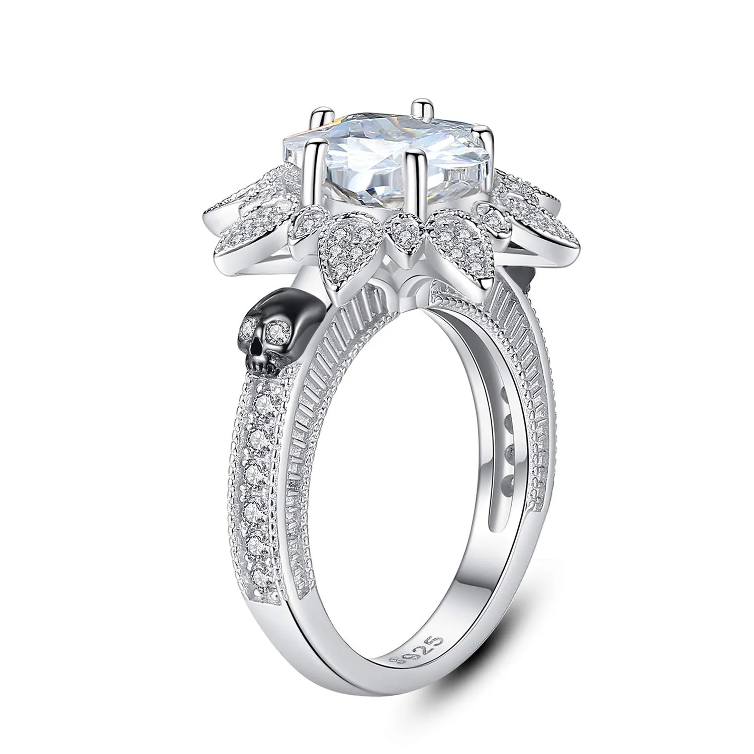 Skull Ring Silvering Flower Promise Engagement Band with Cubic Zirconia for Women