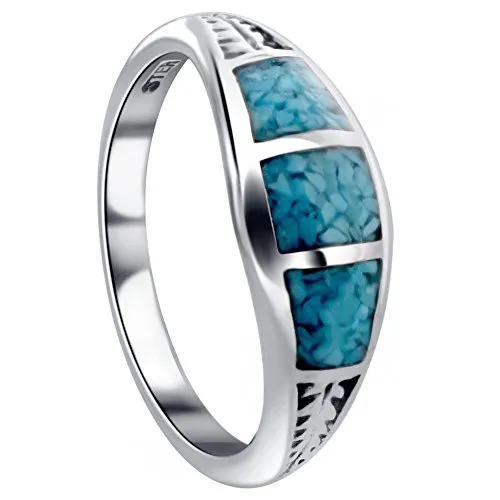 Southwestern Turquoise Gemstone 925 Sterling Silver Ring for Women - Elegant Chip Inlay Design