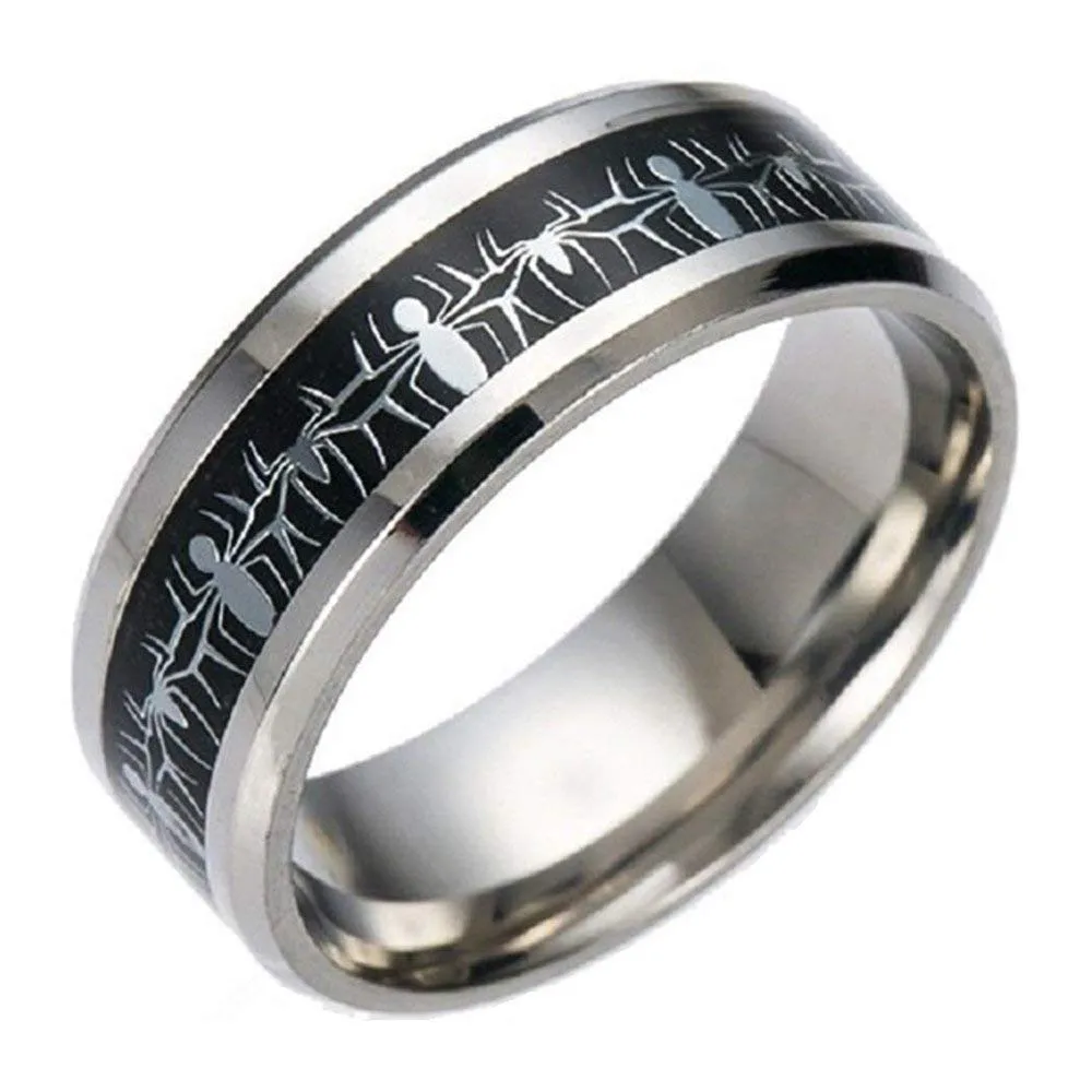 Spiderman Groove Inlay Titanium Stainless Steel Silver Promise Ring by Sping Jewelry