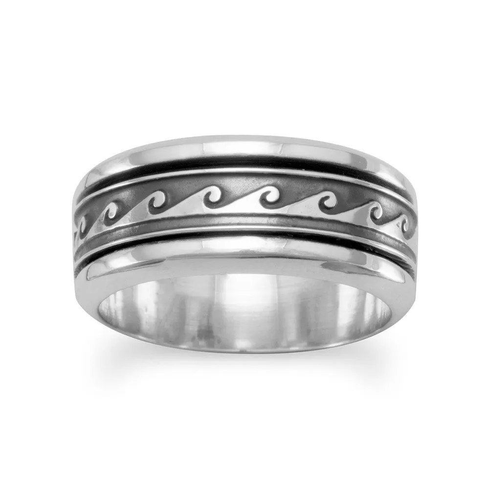 Spin Ring with Wave Design in Antiqued Sterling Silver - Handmade Sizes 6-13, Unique Gift