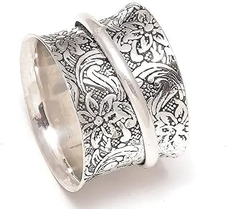 Spinner Ring 925 Sterling Silver Flower Design Fidget Ring for Women - Anxiety Relief Meditation Band